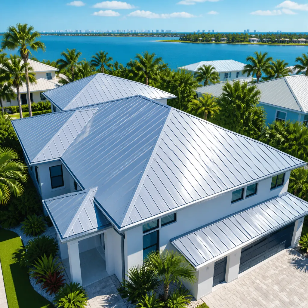 Standing seam metal roofing installed on a Sarasota-area home; the reflective surface bounces intense Florida sunlight, reducing attic heat and cooling costs.