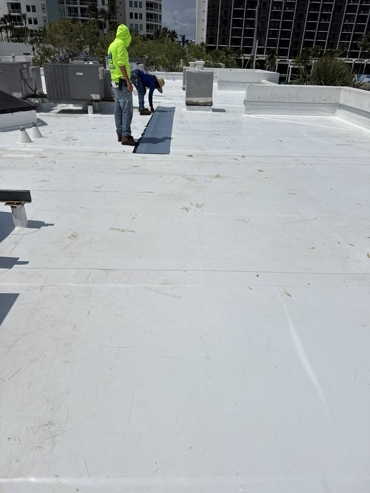 SRQ Building Services crew installing flat roof membrane in downtown Sarasota