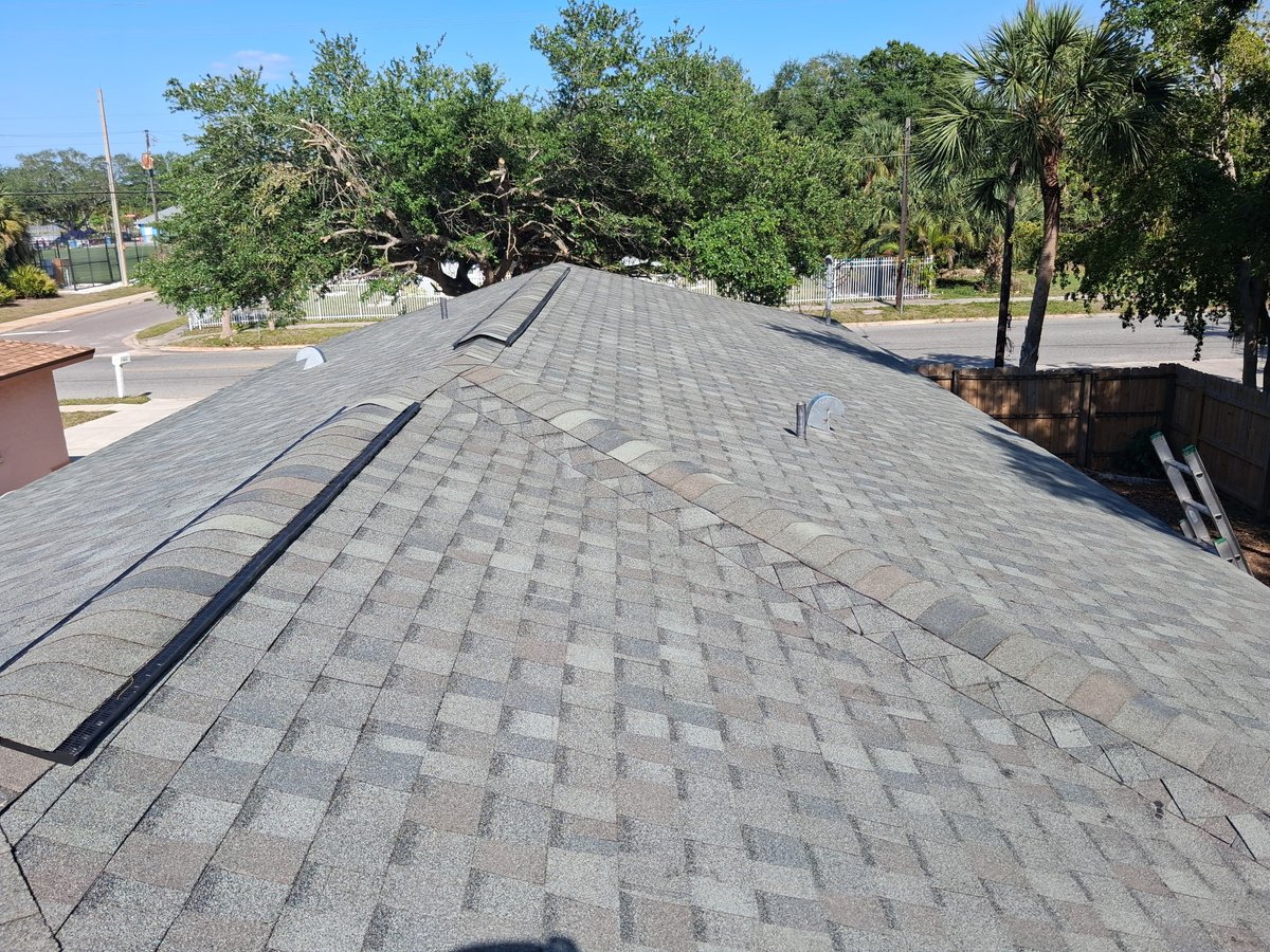 Completed architectural shingle roof showing ridge detail on a Sarasota home